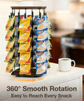 Wooden Chip Rack Display Stand With 5 Tiers And 40 Clips, 360 Degree Rotating Snack Display For Office Countertop, Snack Organizer For Chips Candy Concession Party And Retail, With Message Board, Brown on kitchen counter.
