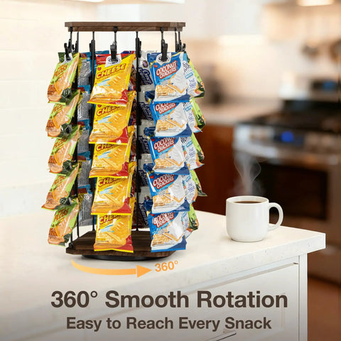 Wooden Chip Rack Display Stand With 5 Tiers And 40 Clips, 360 Degree Rotating Snack Display For Office Countertop, Snack Organizer For Chips Candy Concession Party And Retail, With Message Board, Brown on kitchen counter.