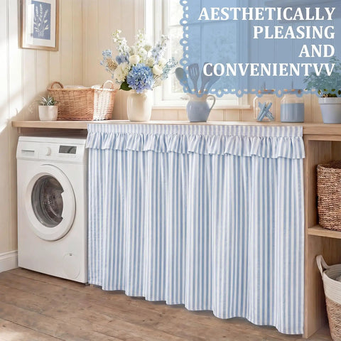 Blue Stripe Bathroom Sink Curtain Skirt Slaps Over Ugly Pipes Under Vanity Zero Fuss Install Straight Up Solid Coverage Keeps Your Cabinet Lookin Super Clean