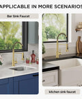 Brushed Gold Kitchen Faucet With Pull Down Sprayer, Single Handle Gold Sink Faucet in bar and kitchen settings