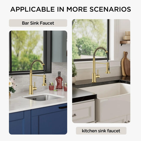 Brushed Gold Kitchen Faucet With Pull Down Sprayer, Single Handle Gold Sink Faucet in bar and kitchen settings