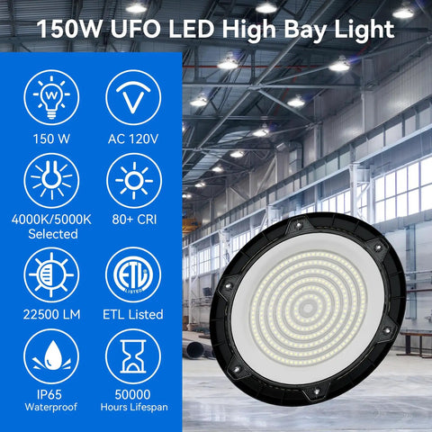LED High Bay Light 150W 10 Pack With 22500 Lumens Two Color Temperature 4000K/5000K 5 Foot Cable And US Plug IP65 Waterproof in warehouse