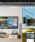 Illustration of 4K 9 Channel NVR Security Recorder For Home Surveillance, showing indoor monitor and outdoor PoE camera setup.