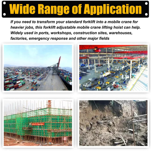 Wide range of applications for Heavy Hitting Telescoping Forklift Jib Boom Crane in construction, warehouses, and ports.