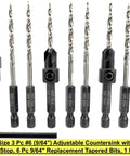 Three Piece Depth Adjustable Countersink Drill Bit Set For Wood With Six Replacement Tapered Bits In A Durable Storage Case