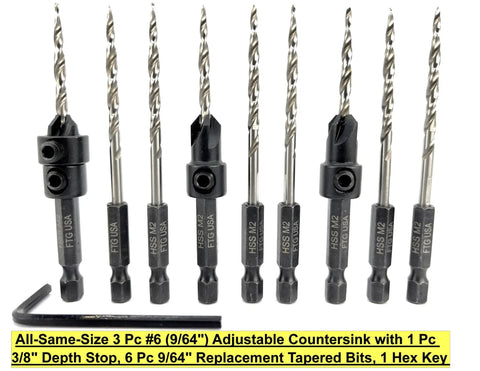 Three Piece Depth Adjustable Countersink Drill Bit Set For Wood With Six Replacement Tapered Bits In A Durable Storage Case
