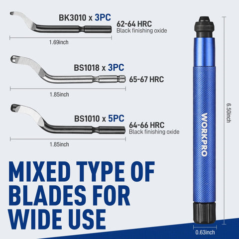 WORKPRO deburring tool with 360° swivel head and 11 extra HSS blades; blue handle with WORKPRO logo