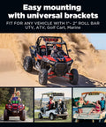 25 Inch UTV Sound Bar With Bluetooth And RGB Lighting IP66 Waterproof Amplified Powersports Speaker System For Polaris RZR Can Am And Golf Carts Weatherproof ATV Soundbar For Crisp Bass And Vivid Neon Glow installed on ATV, golf cart, and boat.