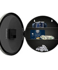 10 Inch Wall Clock Safe With Hidden Shelf Storage, visible hidden compartment with jewelry, cash, and cards inside