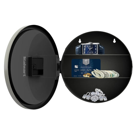10 Inch Wall Clock Safe With Hidden Shelf Storage, visible hidden compartment with jewelry, cash, and cards inside