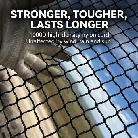 Hand showing the heavy-duty polyester mesh of Golf Net For Hitting Practice 10 Ft To 50 Ft Adjustable Net With 33 Ft Hanging Rope