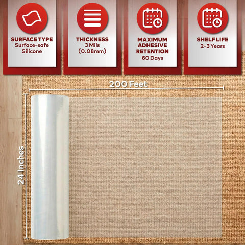 Carpet Protection Film Self Adhesive 24 Inch by 200 Feet 3 Mil Clear Sticky Carpet Protector displayed on carpet surface