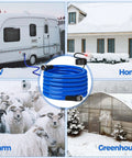 HOHOMETIC heated water hose, blue 30 ft with inline controller and fittings; shown in RV, home, farm, and greenhouse settings.