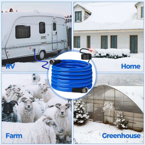 HOHOMETIC heated water hose, blue 30 ft with inline controller and fittings; shown in RV, home, farm, and greenhouse settings.