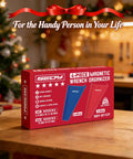 Boxed 4-Pack Magnetic Wrench Organizer with 64 slots for SAE and metric wrenches, shown on workbench in festive garage setting.