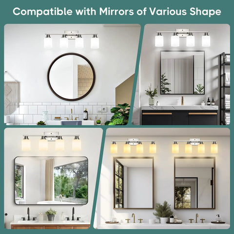 Legit Top Tier Four Light Vanity Mirror Fixture Featuring Brushed Nickel Wall Sconces With Milky White Frosted Glass Panels for various shaped mirrors.
