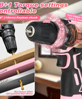 Pink 222 Piece Drill Driver And Home Tool Set For Women DIY Projects 12V Electric Drill Kit With 3 8 Inch Keyless Chuck showing torque settings