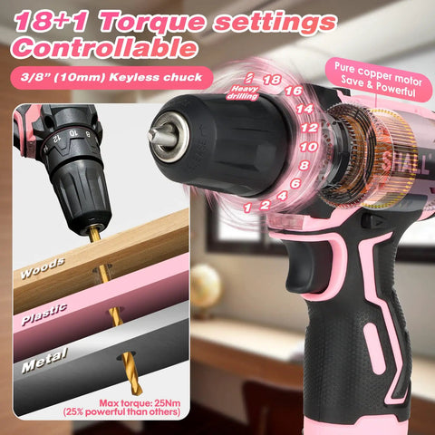 Pink 222 Piece Drill Driver And Home Tool Set For Women DIY Projects 12V Electric Drill Kit With 3 8 Inch Keyless Chuck showing torque settings