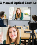 Top Tier 48MP USB Webcam Pumping Out Straight Fire 8K Ultra HD Video With 5 To 50MM 10X Manual Zoom Lens capturing a smiling woman in a meeting.