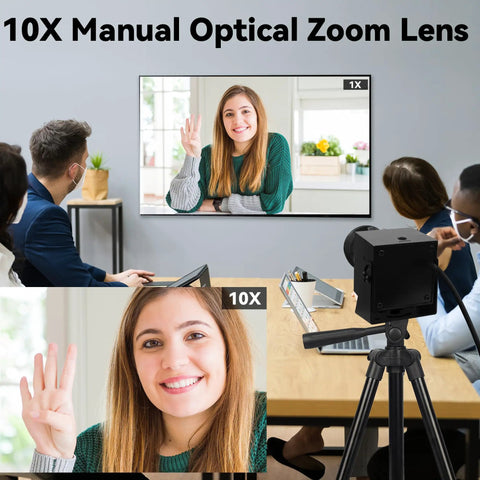 Top Tier 48MP USB Webcam Pumping Out Straight Fire 8K Ultra HD Video With 5 To 50MM 10X Manual Zoom Lens capturing a smiling woman in a meeting.