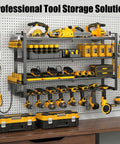 Heavy Duty Power Tool Organizer Wall Mount With 7 Slot Cordless Drill Holder And Battery Shelf, Metal Tool Rack on pegboard