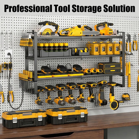 Heavy Duty Power Tool Organizer Wall Mount With 7 Slot Cordless Drill Holder And Battery Shelf, Metal Tool Rack on pegboard