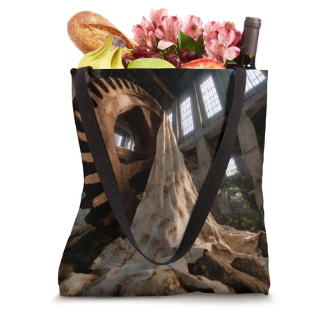 Cool Industrial Abandoned Factory Gear Machine Tote Bag With Double Stitched Handles And Reinforced Bottom For Heavy Duty School Or Work Haul with groceries, flowers, and wine.