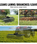 Tow Behind Landscape Rake 60 Inch Dethatcher with 21 steel coil tines attached to tractor for efficient lawn cleanup
