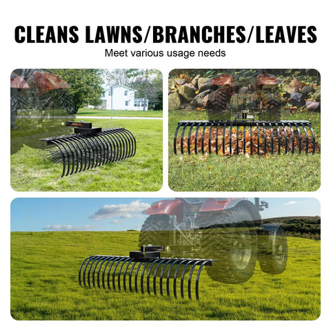 Tow Behind Landscape Rake 60 Inch Dethatcher with 21 steel coil tines attached to tractor for efficient lawn cleanup