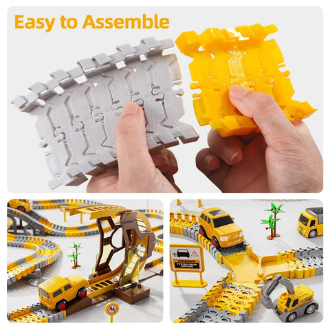 Hands assembling Awesome Construction Race Track Playset With 299 Pieces Of Flexible Track System Includes Race Cars Mini Trucks A Bridge Signs And Trees For Ages 3 4 5 6 A Great Gift For Young Builders.