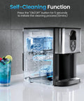 Nugget Ice Maker Countertop With Soft Chewable Ice, Stainless Steel Silver, showing self-cleaning function on a kitchen counter.