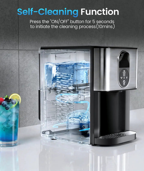 Nugget Ice Maker Countertop With Soft Chewable Ice, Stainless Steel Silver, showing self-cleaning function on a kitchen counter.