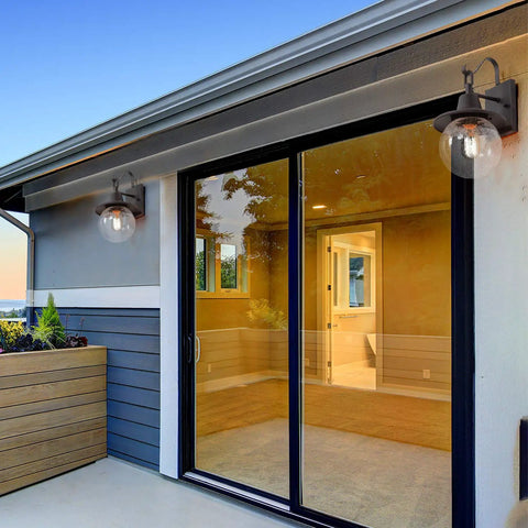 Two Pack Farmhouse Porch Lights Outdoor Wall Sconces Set With Globular Seeded Glass In Rustic Bronze Exterior Wall Mount Lanterns beside sliding glass door
