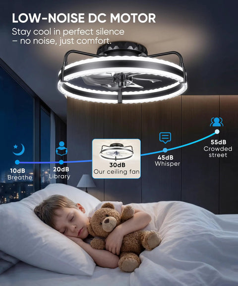 Sleek 20 Inch Low Profile Ceiling Fan With Dimmable Led Lights, Smart App And Remote, Adjustable Color Temp, Super Smooth Airflow, Total Vibe Upgrade For Cozy Bedrooms And Small Rooms with low-noise DC motor above sleeping child.