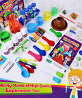 Kids Science Lab Kit With Seventy Plus Experiments A Fun Kid Friendly Chemistry Set components including volcano mold, pipettes, and manual