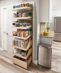 Heavy Duty Custom Fit Slide Out Shelf With Full Extension Glide Rails For Kitchen Cabinets, birch wood pantry organizer with items.