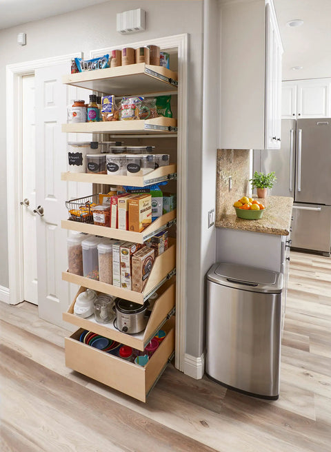 Heavy Duty Custom Fit Slide Out Shelf With Full Extension Glide Rails For Kitchen Cabinets, birch wood pantry organizer with items.