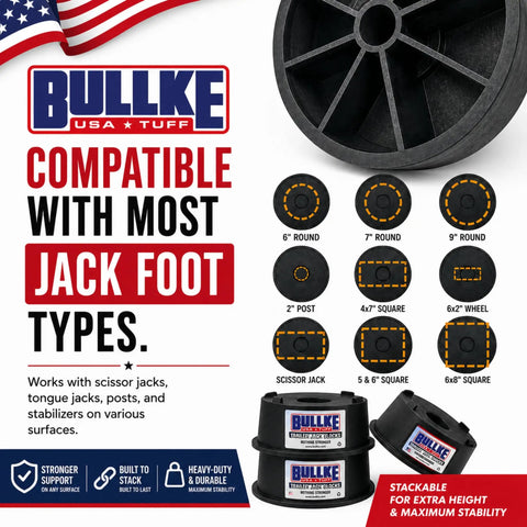 Tough As Nails USA Built Heavy Duty Round Trailer Leveling Blocks, 6" and 7" sizes, made of UV resistant recycled plastic.