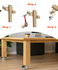 Installation steps of Two Inch Swivel Caster Wheels Set Of Four With M8 38Mm Long Grip Neck Stem And Brake on a wooden table.