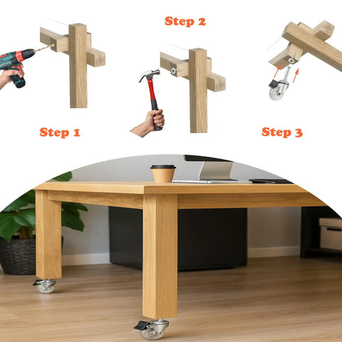 Installation steps of Two Inch Swivel Caster Wheels Set Of Four With M8 38Mm Long Grip Neck Stem And Brake on a wooden table.