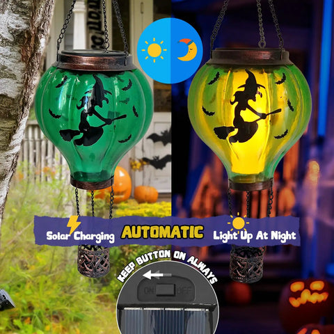 Halloween Outdoor Decoration Hot Air Balloon Solar Lantern With Flickering Flame Hanging Lanterns For A Spooky Witch Vibe