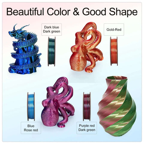 Silk Dual Color PLA Filament Bundle, 1.75mm, 4 Spools Each At 250g, Dope Color Changing Silk Finish, various 3D prints