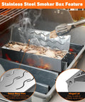Stainless Steel Wood Chip Smoker Box With Hinged Lid Double V Shape For Charcoal Or Propane Grills Built Tough For Grill Masters And BBQ Fans 12.5 Inch Long By 3.3 Inch Wide By 2.5 Inch High U S Design Patent on a grill with wood chips