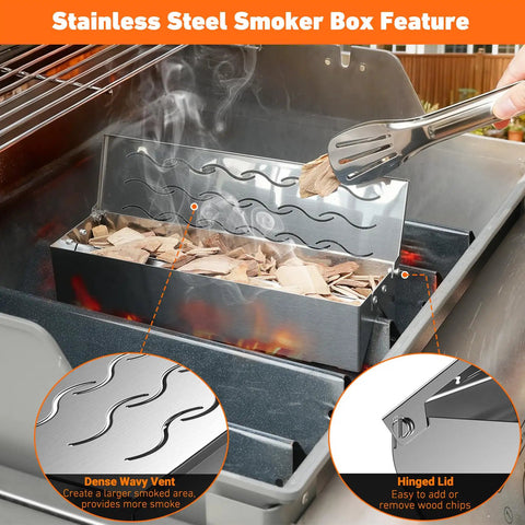Stainless Steel Wood Chip Smoker Box With Hinged Lid Double V Shape For Charcoal Or Propane Grills Built Tough For Grill Masters And BBQ Fans 12.5 Inch Long By 3.3 Inch Wide By 2.5 Inch High U S Design Patent on a grill with wood chips