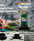 Propane Camping Stove Portable Backpacking Stove With Adjustable Burner shown with cookware outdoors