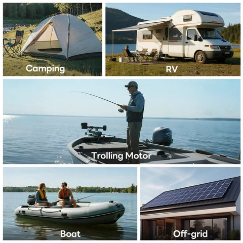 Image collage showing camping tent, RV, man fishing on trolling motor boat, couple on motorboat, solar panels on off-grid home.