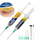 Lead-Based Solder Paste Sn63 Pb37 30G With No Clean Flux 10cc syringes and desoldering wick, tools for electronic soldering.