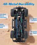 Underside view of Toyota Licensed LC80 One Tenth Scale Brushless RC Crawler showing metal components and Toyo Tires