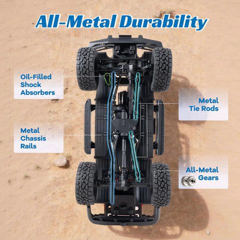 Underside view of Toyota Licensed LC80 One Tenth Scale Brushless RC Crawler showing metal components and Toyo Tires