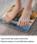 Person standing on Harvest Inspired Digital Bathroom Scale With Tempered Glass Platform, displaying easy-to-read weight